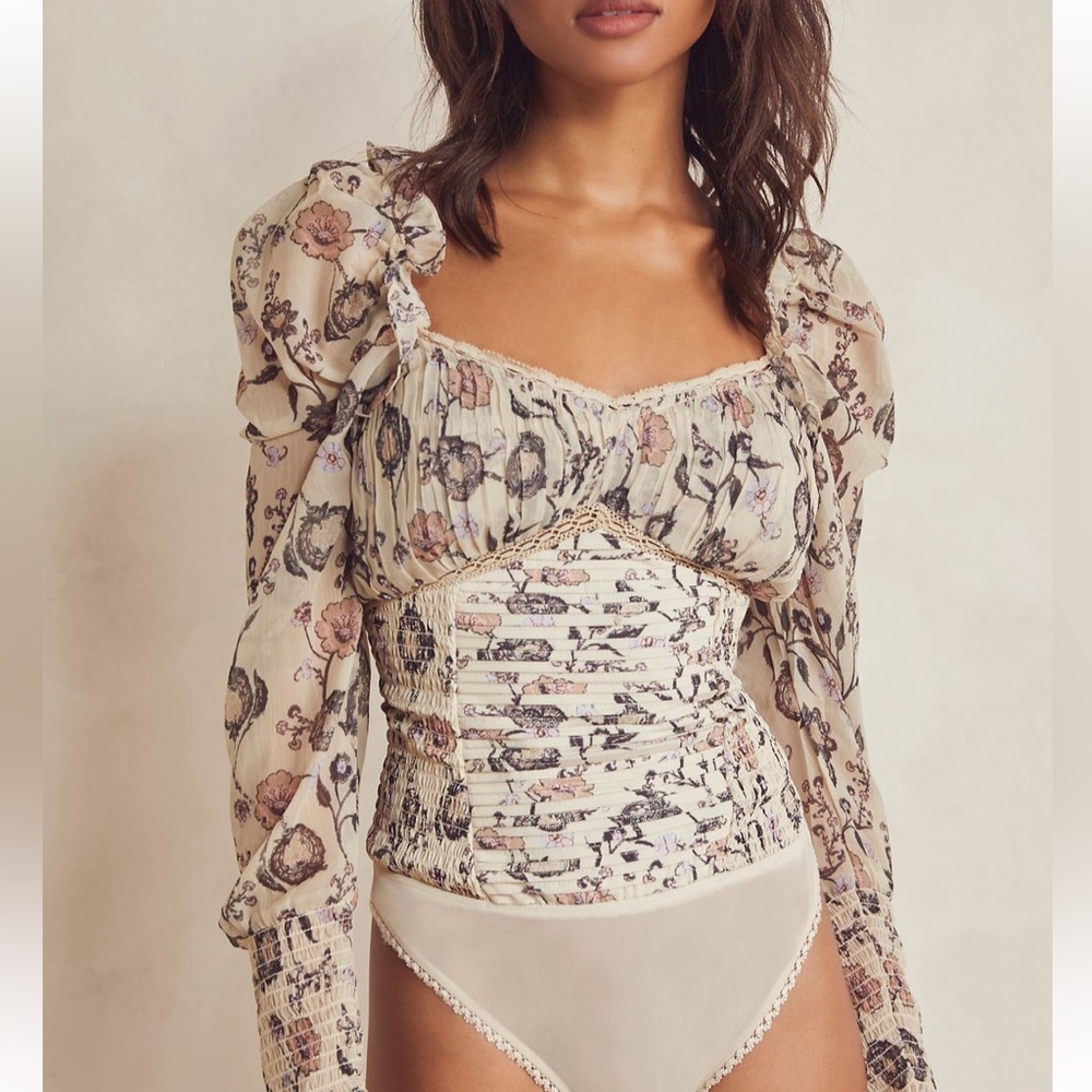 Free People XS Puff Sleeve Floral Bodysuit